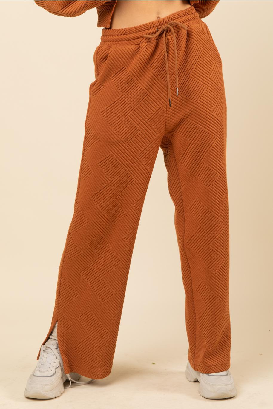 Quilted Double Knit Loungewear Top & Pants Set - Camel
