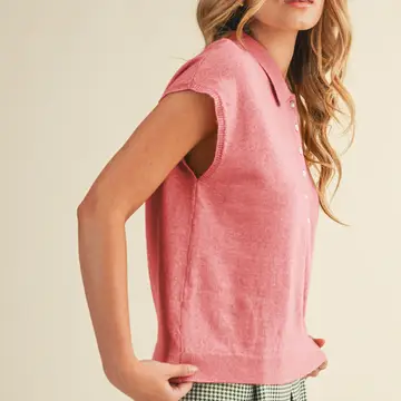 Cap Sleeve Collared Sweater Vest - CORAL
