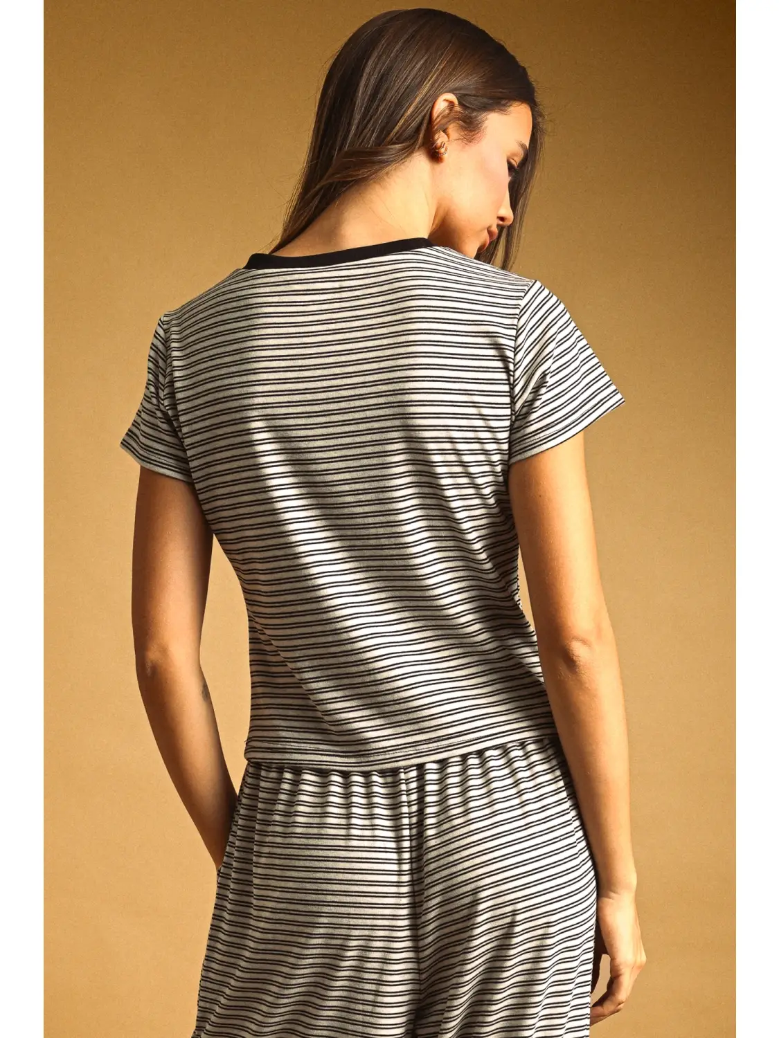 Double Striped Pattern Half Snap Button Top - STONE