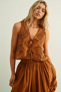 Embroidery Tied in Front Sleeveless Top - COFFEE
