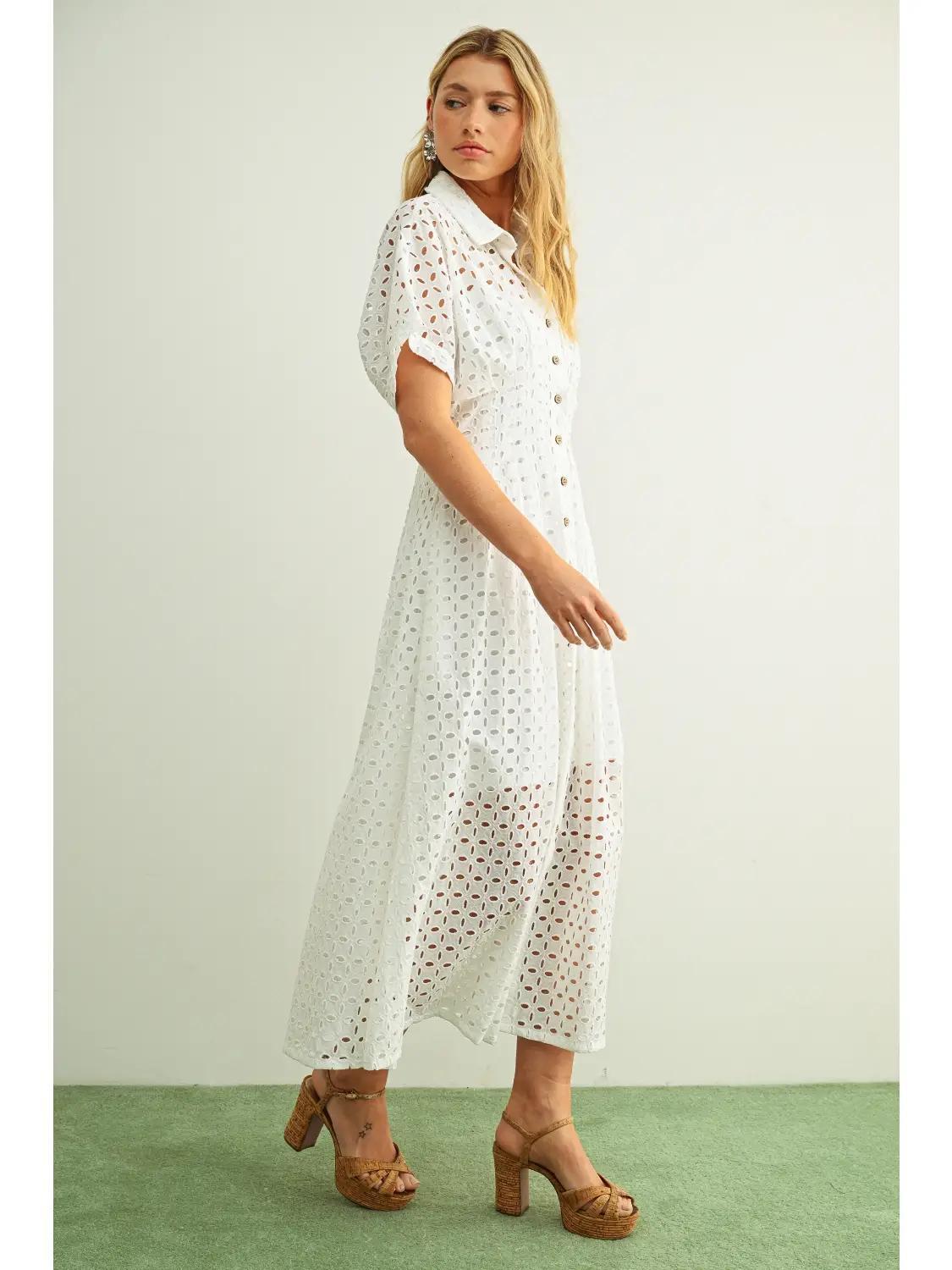 Eyelet Fabric Button Front Shirt Dress