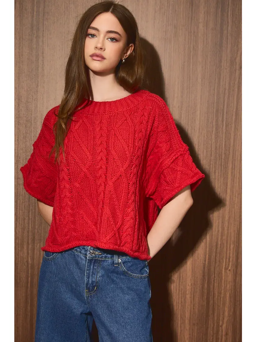 Cable Knit Short Sleeve Crew Neck Sweater Top - RED