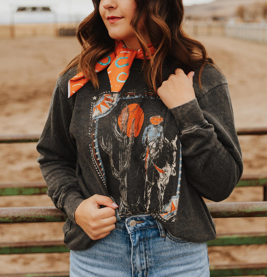 WESTERN COWBOY WASHED LONG SLEEVE SWEATSHIRT TOP - BLACK