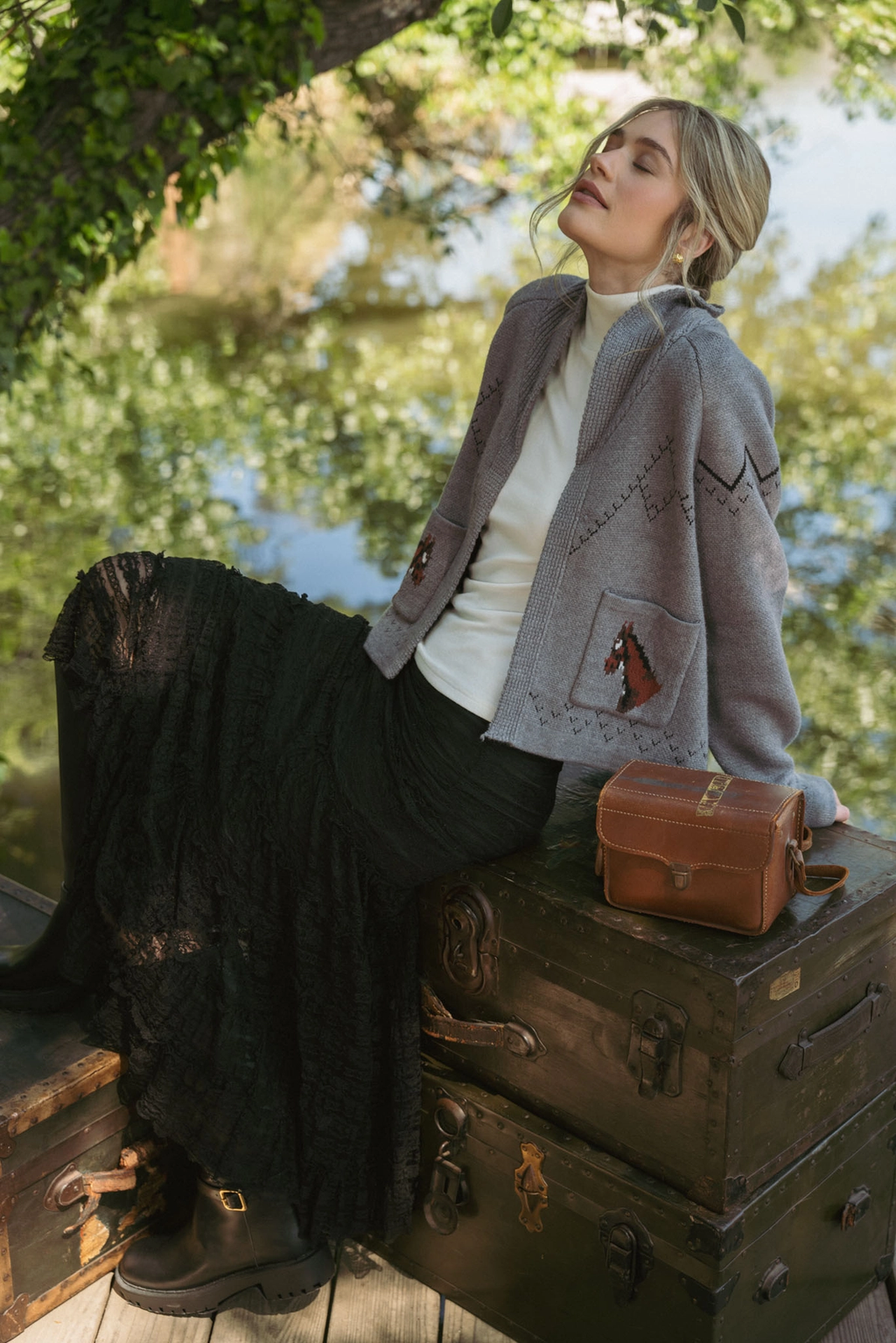 Horse Knit Sweater Cardigan - Dark Grey