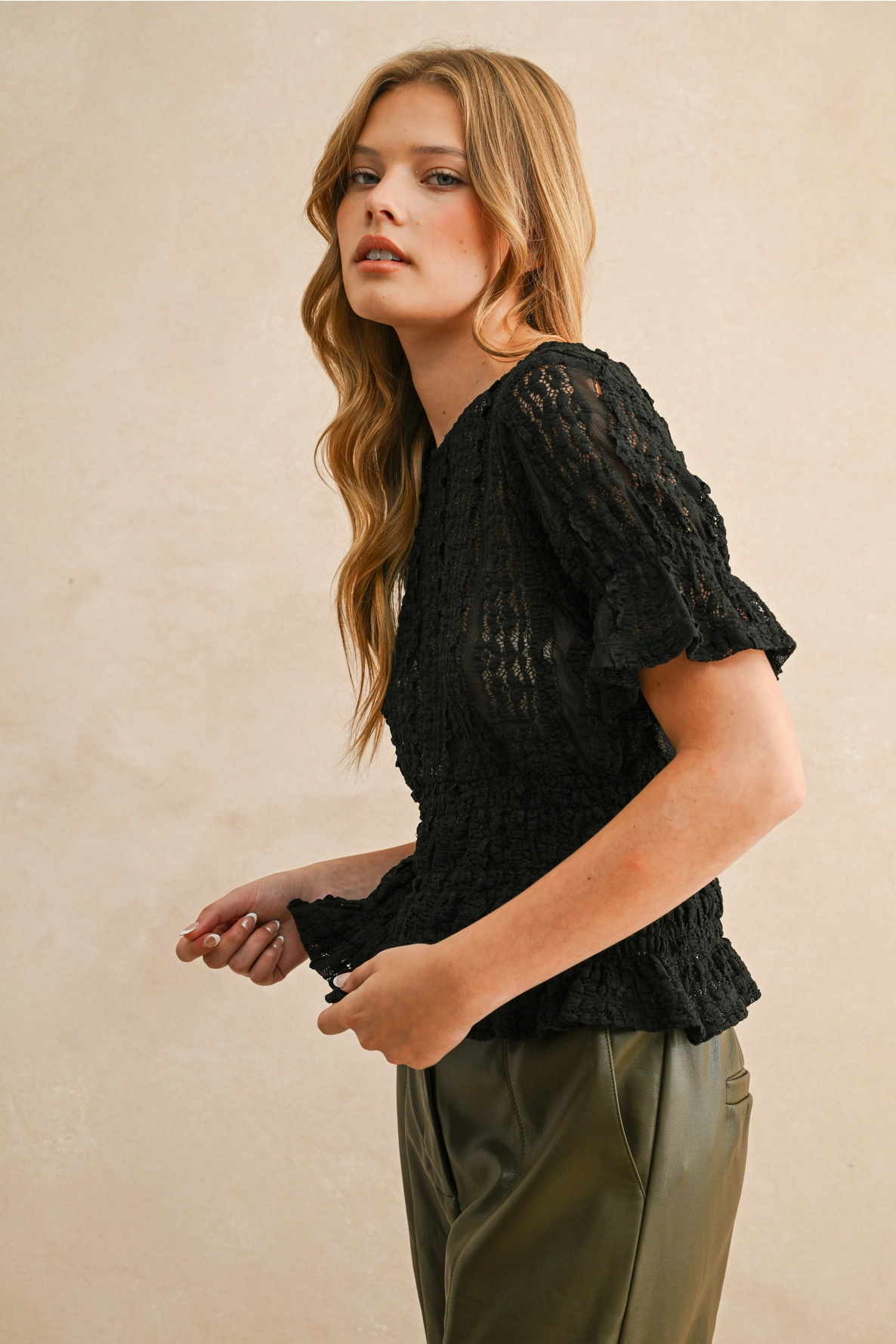 Short Sleeve Lace Blouse - BLACK