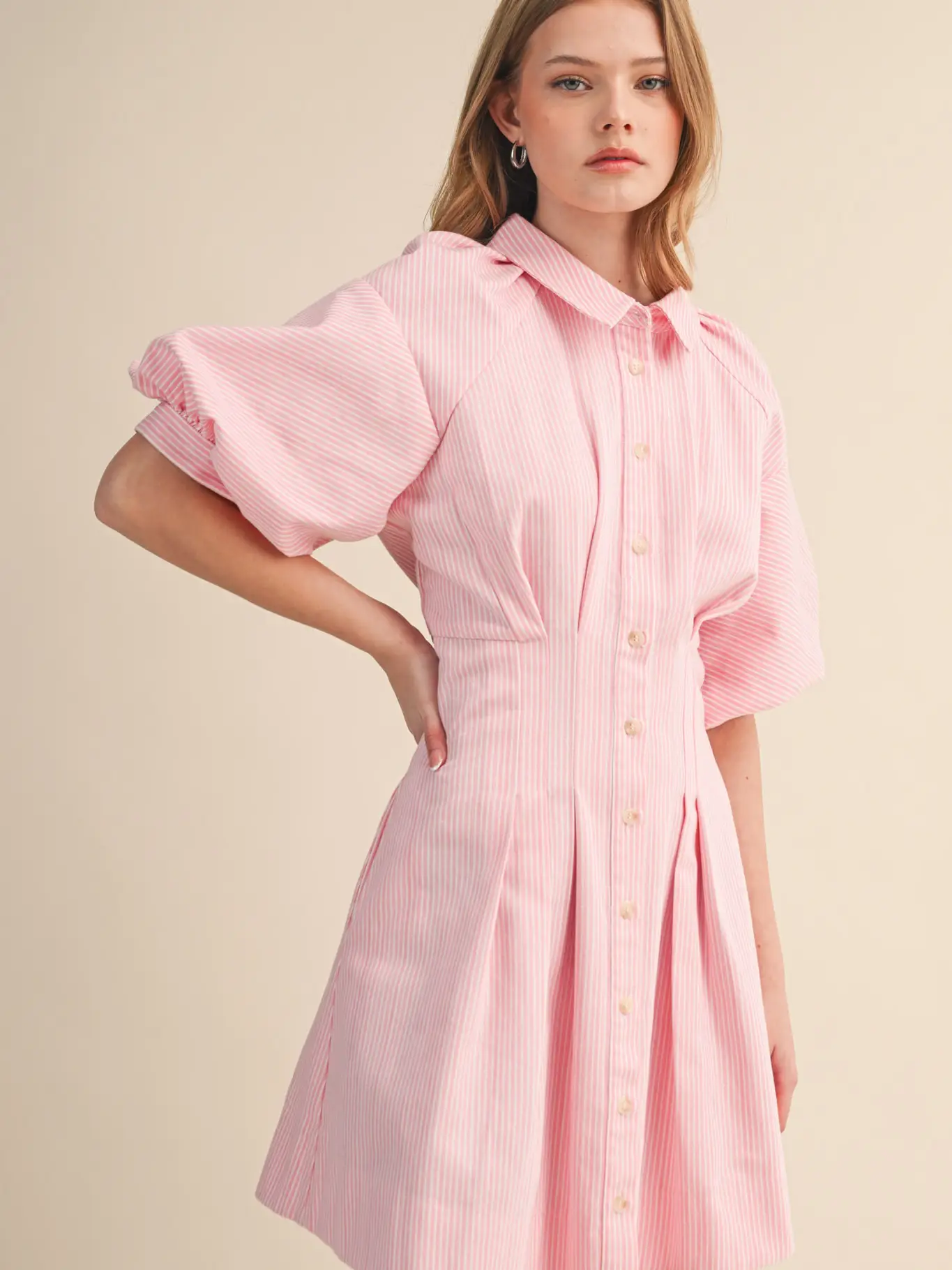 Striped Pleated Waist Button Down Mini Dress - BLACK STRIPE