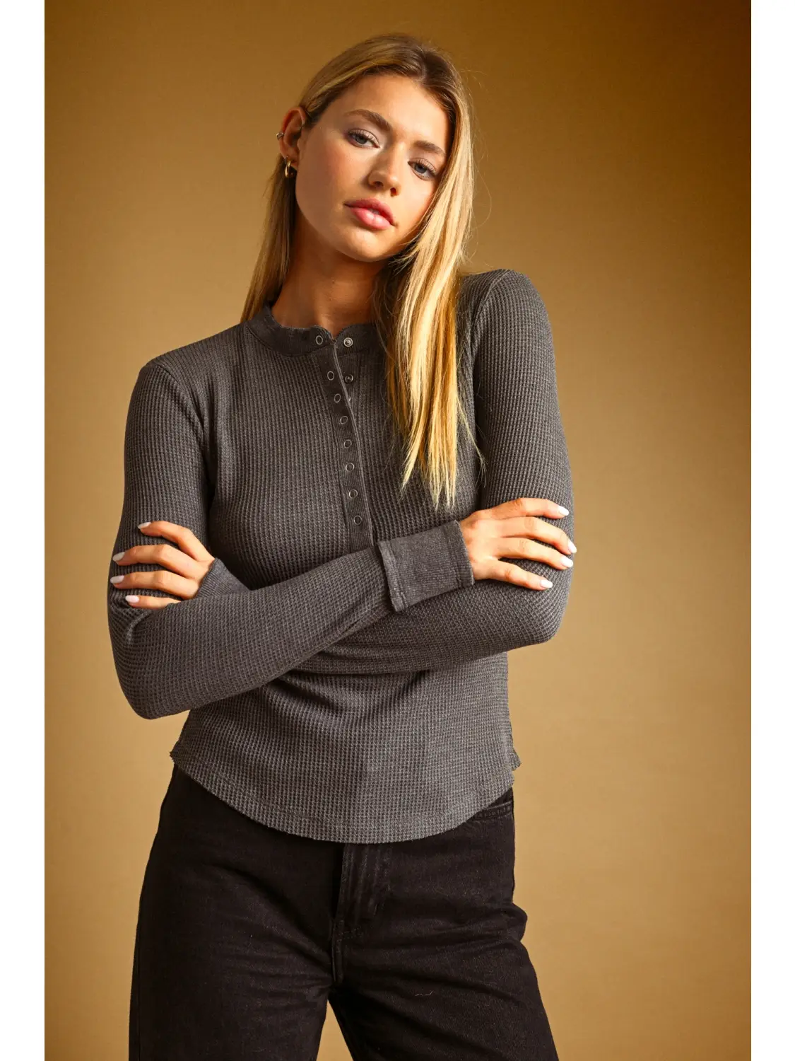 Half Snap Button Waffle Fabric Long Sleeve Top - CHARCOAL
