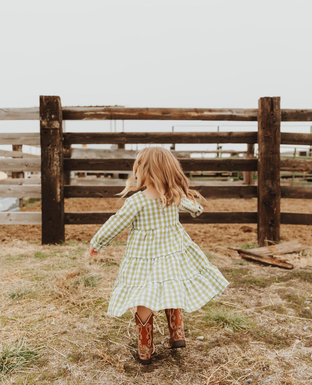 GIRLS GREEN CHECK TIERED DRESS