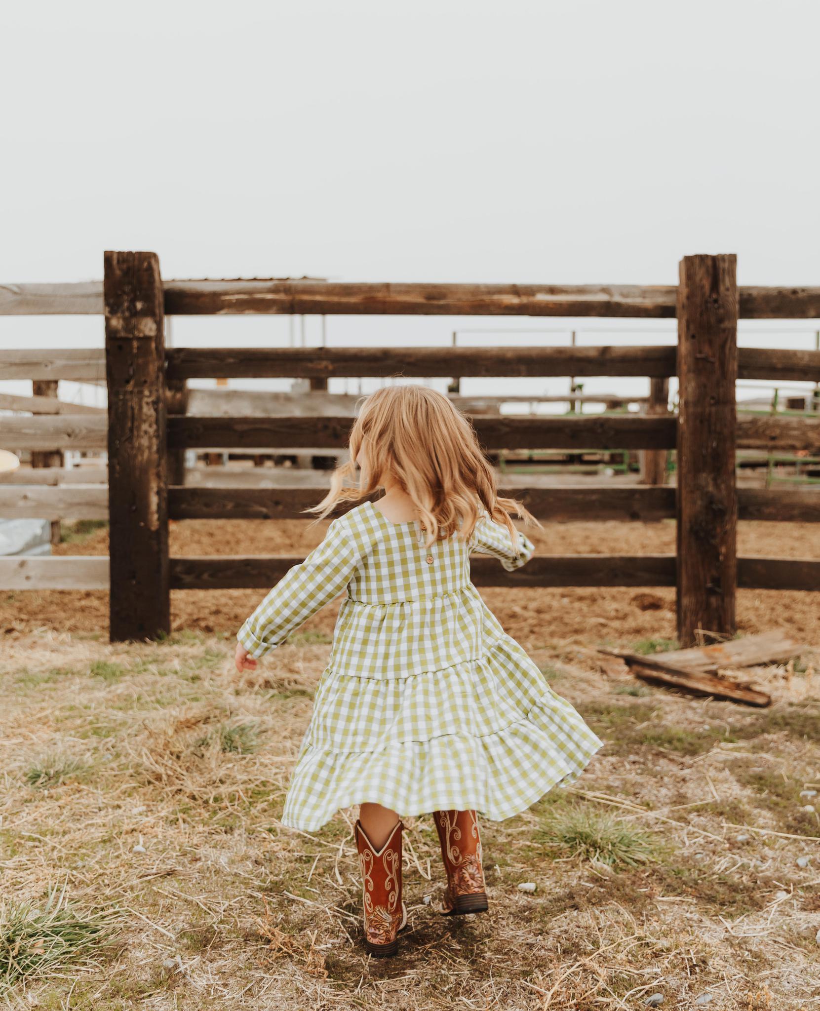 GIRLS GREEN CHECK TIERED DRESS