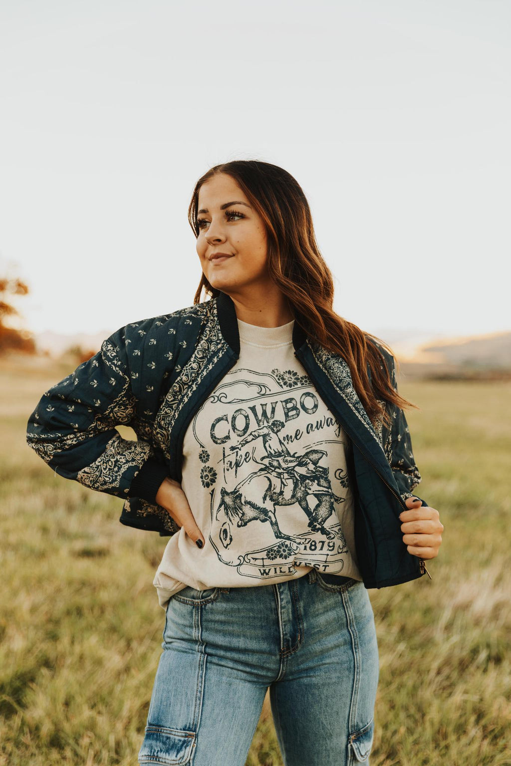 COWBOY TAKE ME AWAY WILD WEST LONG SLEEVE SWEATSHIRT - MINERAL OATMEAL