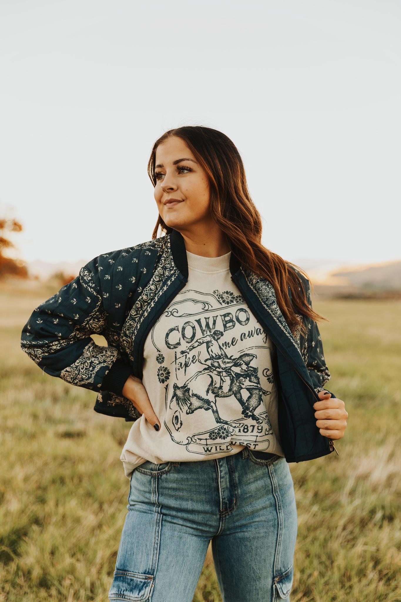 COWBOY TAKE ME AWAY WILD WEST LONG SLEEVE SWEATSHIRT - MINERAL OATMEAL