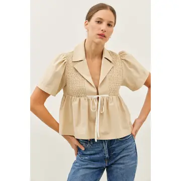 Smocked Linen Babydoll Open-Front Blouse with Ribbon - Natural
