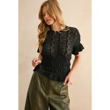 Short Sleeve Lace Blouse - BLACK