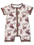 Short Sleeves Rodeo Western Baby Boy Zipper Romper
