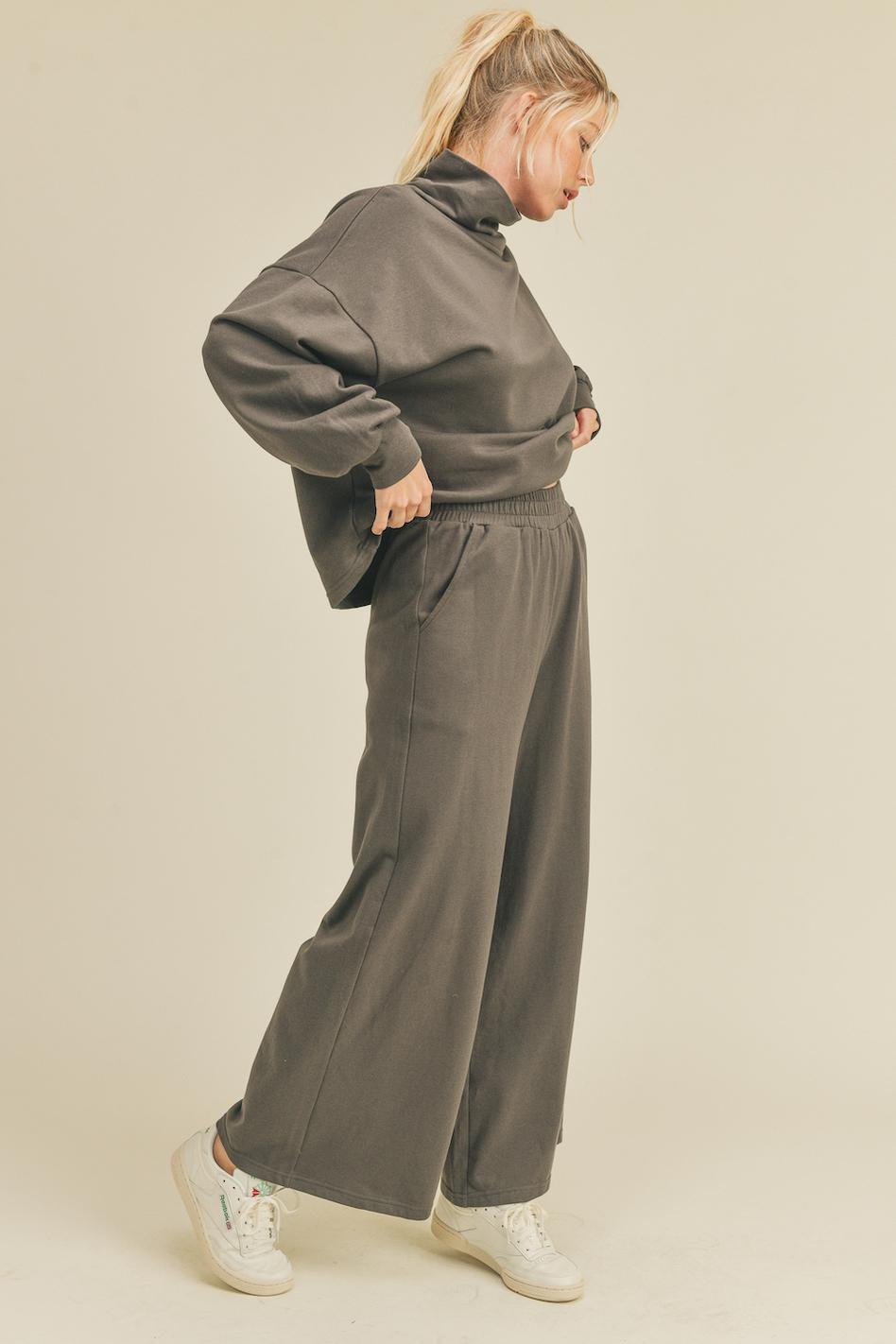 Grey Draped Mock Neck Top & Wide Leg Pant Set