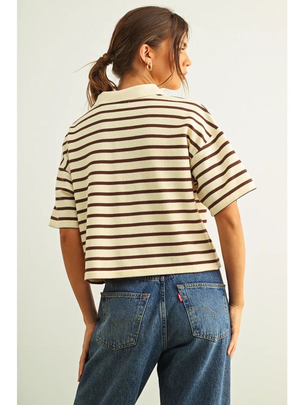 Stripe Pattern Short Sleeve Polo Shirts - CREAM & BROWN