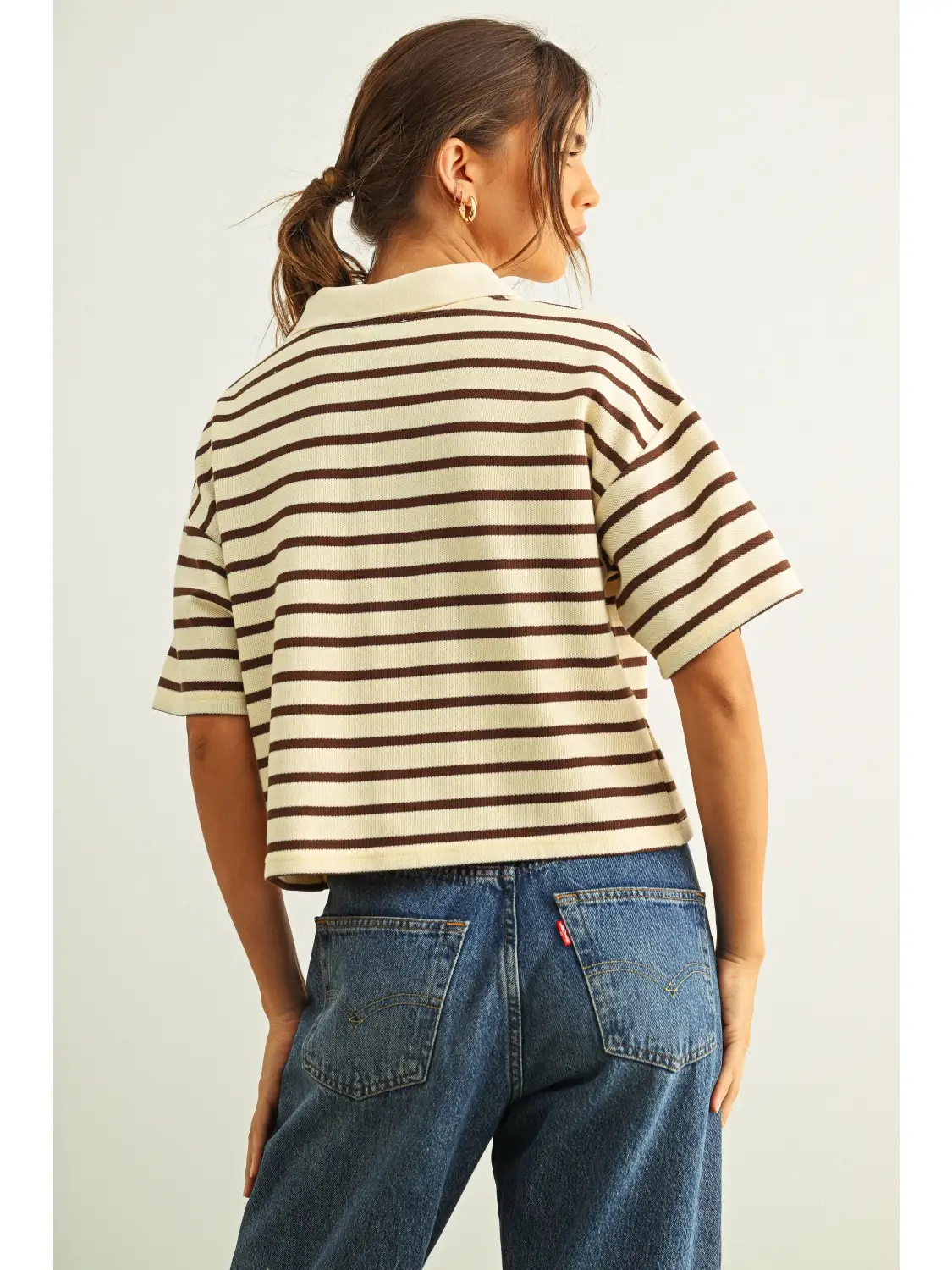 Stripe Pattern Short Sleeve Polo Shirts - CREAM & BROWN