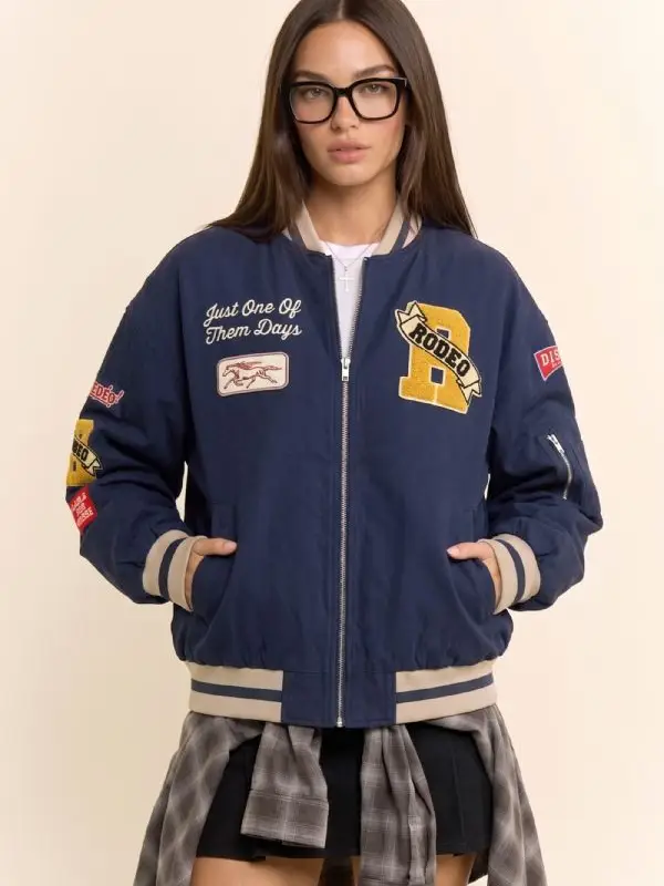 Western Varsity Patch Bomber Jacket - SLATE INK BLUE