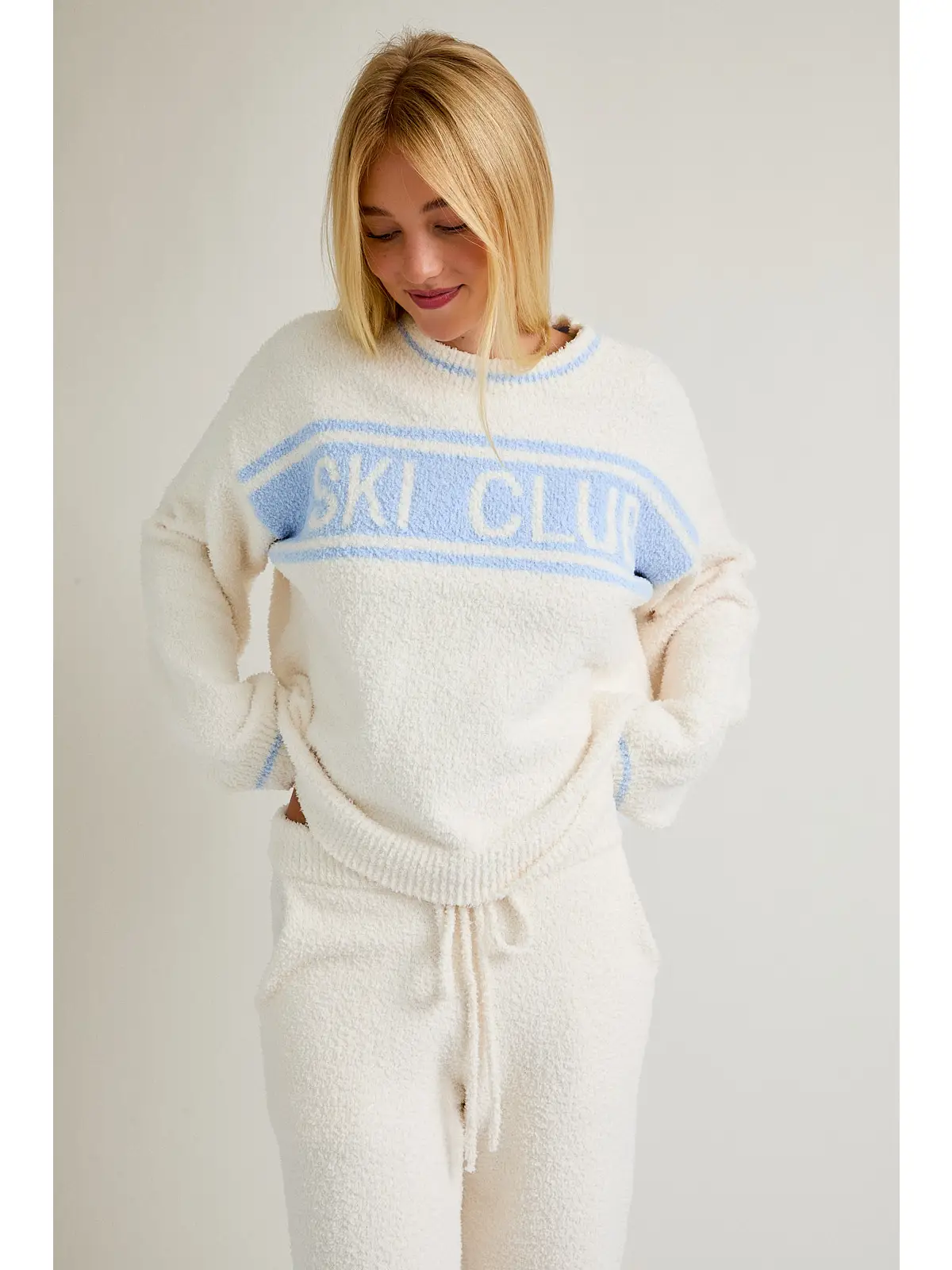"Ski Club" Long Sleeve Sweater - CREAM-LT BLUE