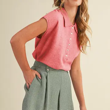 Cap Sleeve Collared Sweater Vest - CORAL