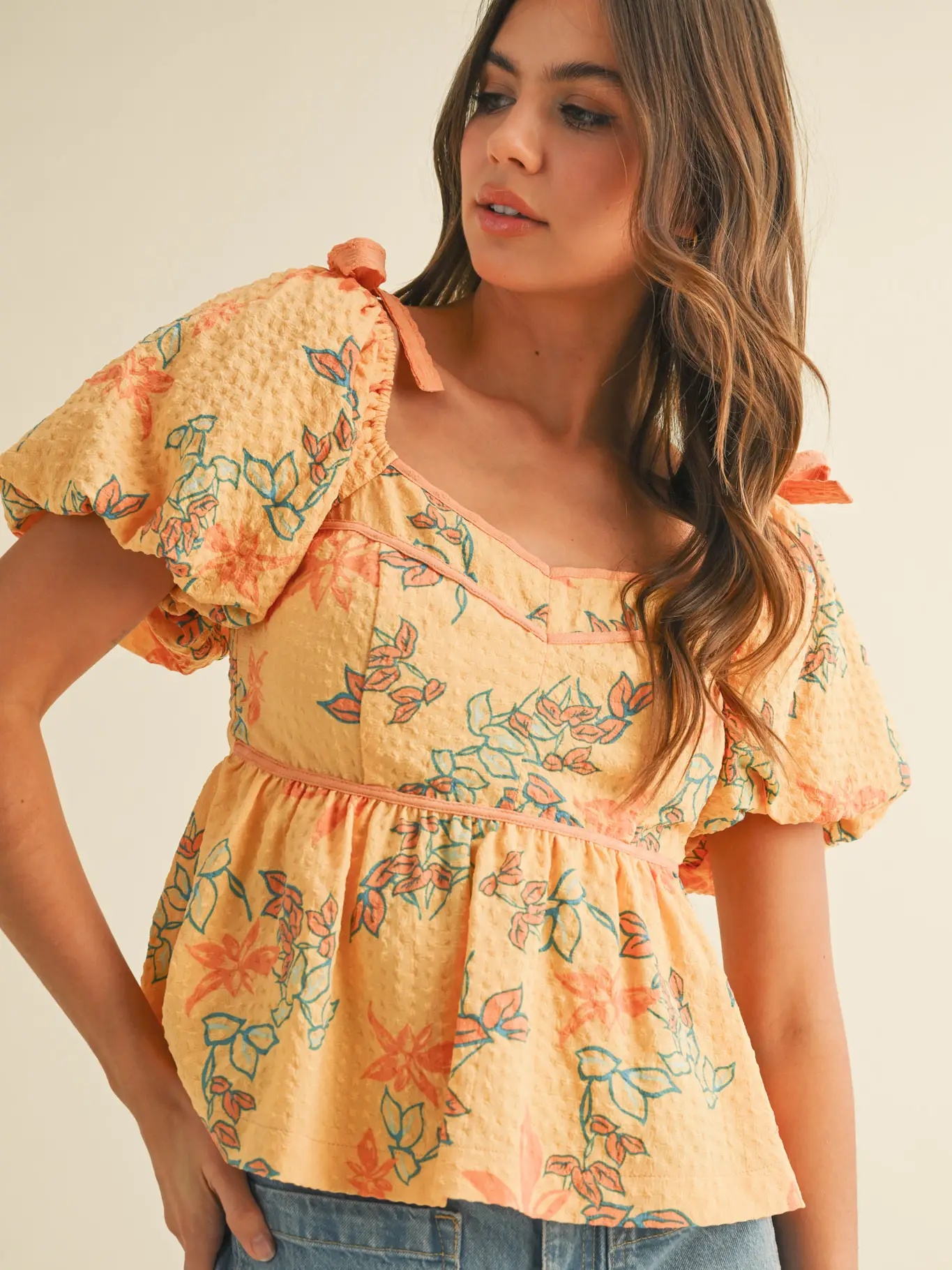 Exclusive Print Floral Peplum Waist Top - PAPAYA MULTI FLORAL
