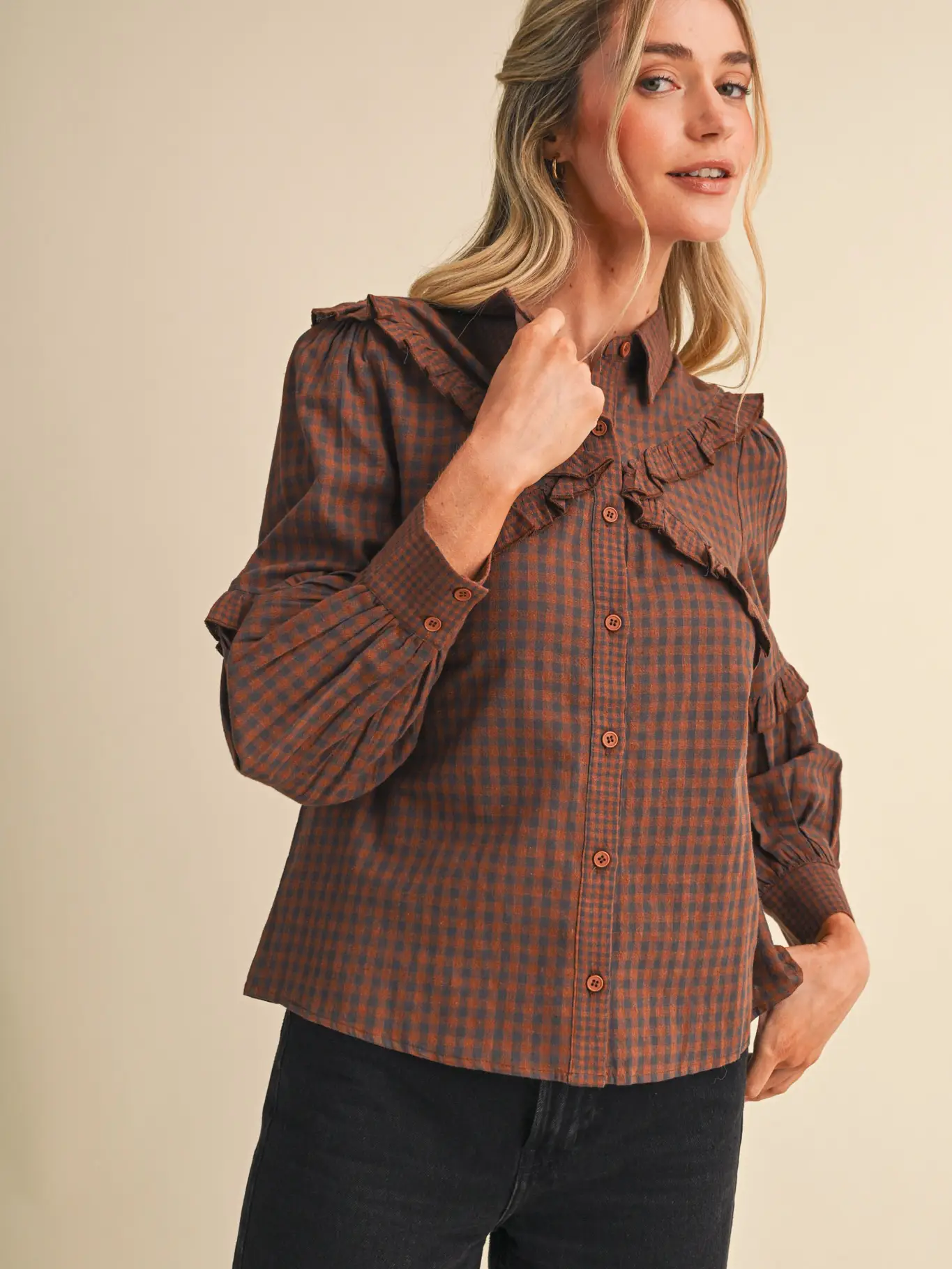 Ruffle Trim Checkered Button Down Top