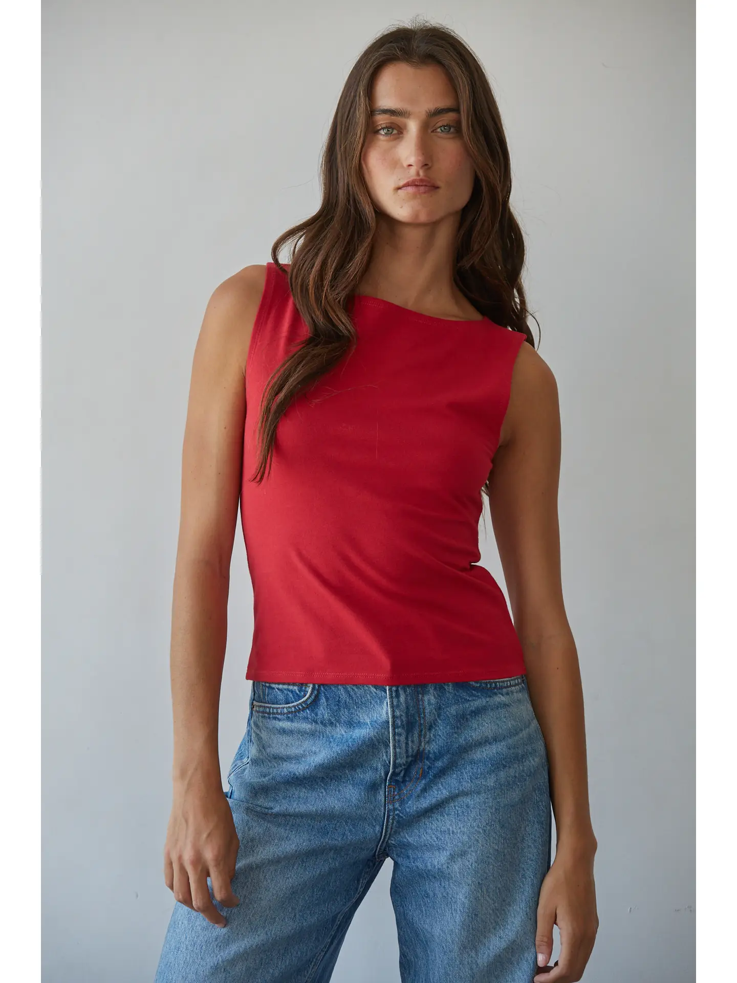 Knit Cotton Spandex Boat Neck Sleeveless Top
