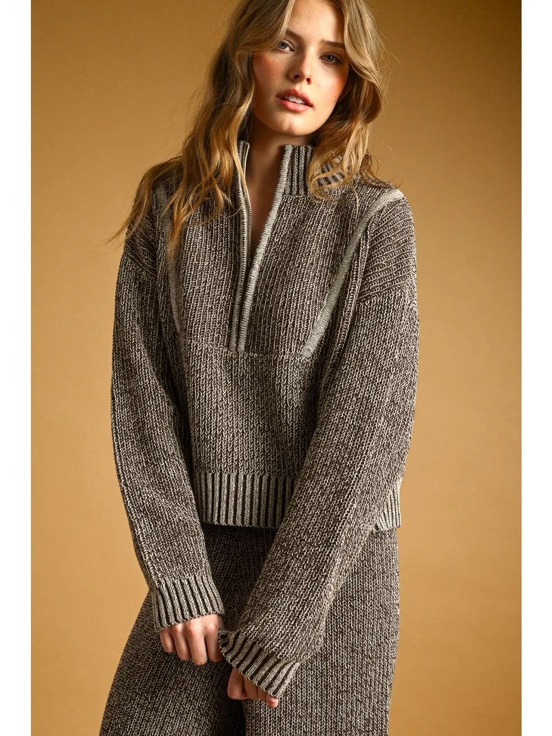 Two Tone Half Zip Sweater Knit Top