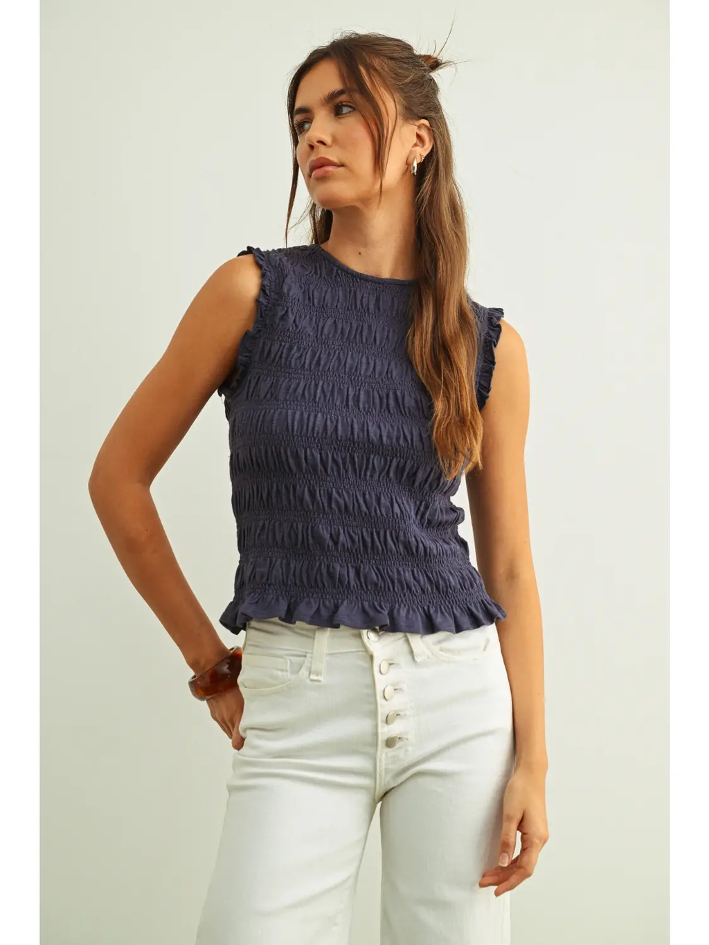 Sleeveless with All Over Smocking Top - NAVY