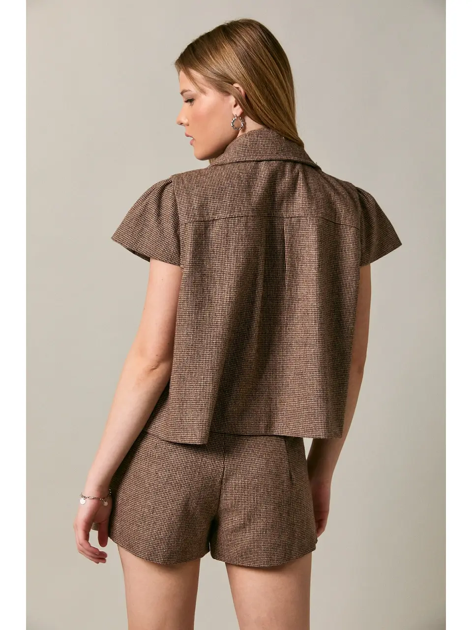 Peter Pan Collar Houndstooth Short Sleeve Top