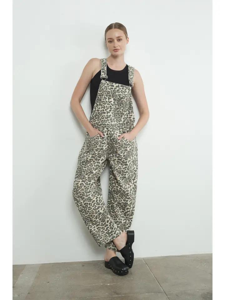 Leopard Print Slouchy Relax Fit Denim Overall