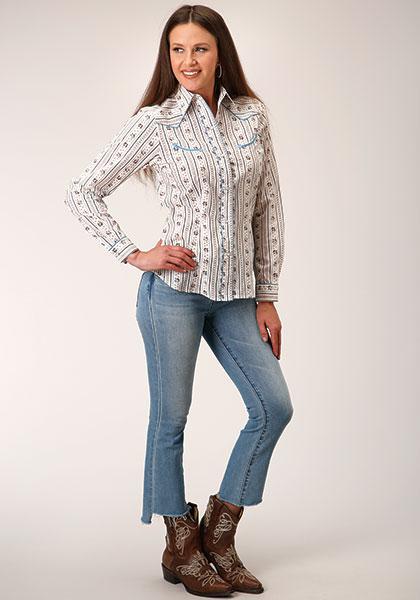 WOMENS L/S SHIRT   SNAP RETRO PIPED FANCY YOKE 1501 BROWN AND BLUE WALLPAPER STRIPE 01-050-0086-3058