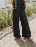 Stitch Detailed Wide Leg Linen Pants - Navy
