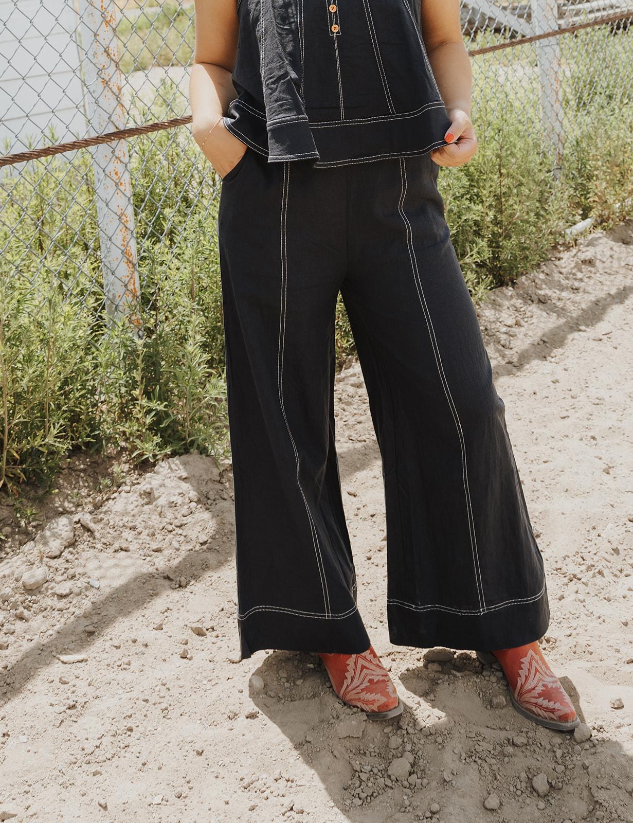 Stitch Detailed Wide Leg Linen Pants - Navy