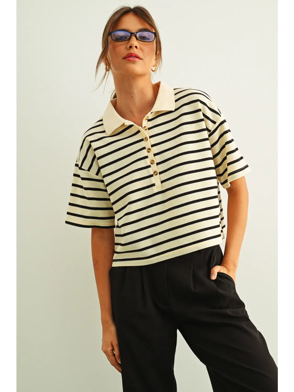 Stripe Pattern Short Sleeve Polo Shirts - CREAM & BLACK