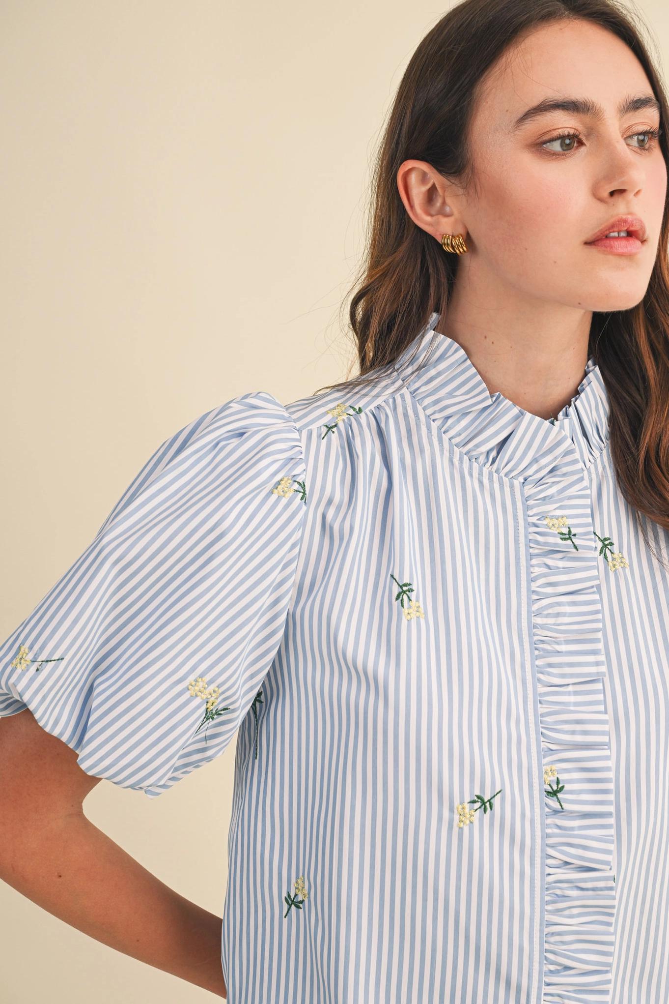 Floral Embroidery Striped Ruffled Button Down Top - Sky Blue Stripe