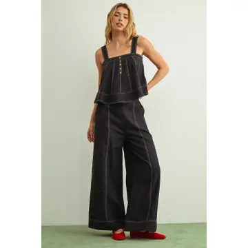 Stitch Detailed Wide Leg Linen Pants - Navy