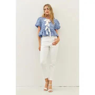 Bubble Babydoll Blouse with Textured Fabric and Contrast Bow - Lt. Blue