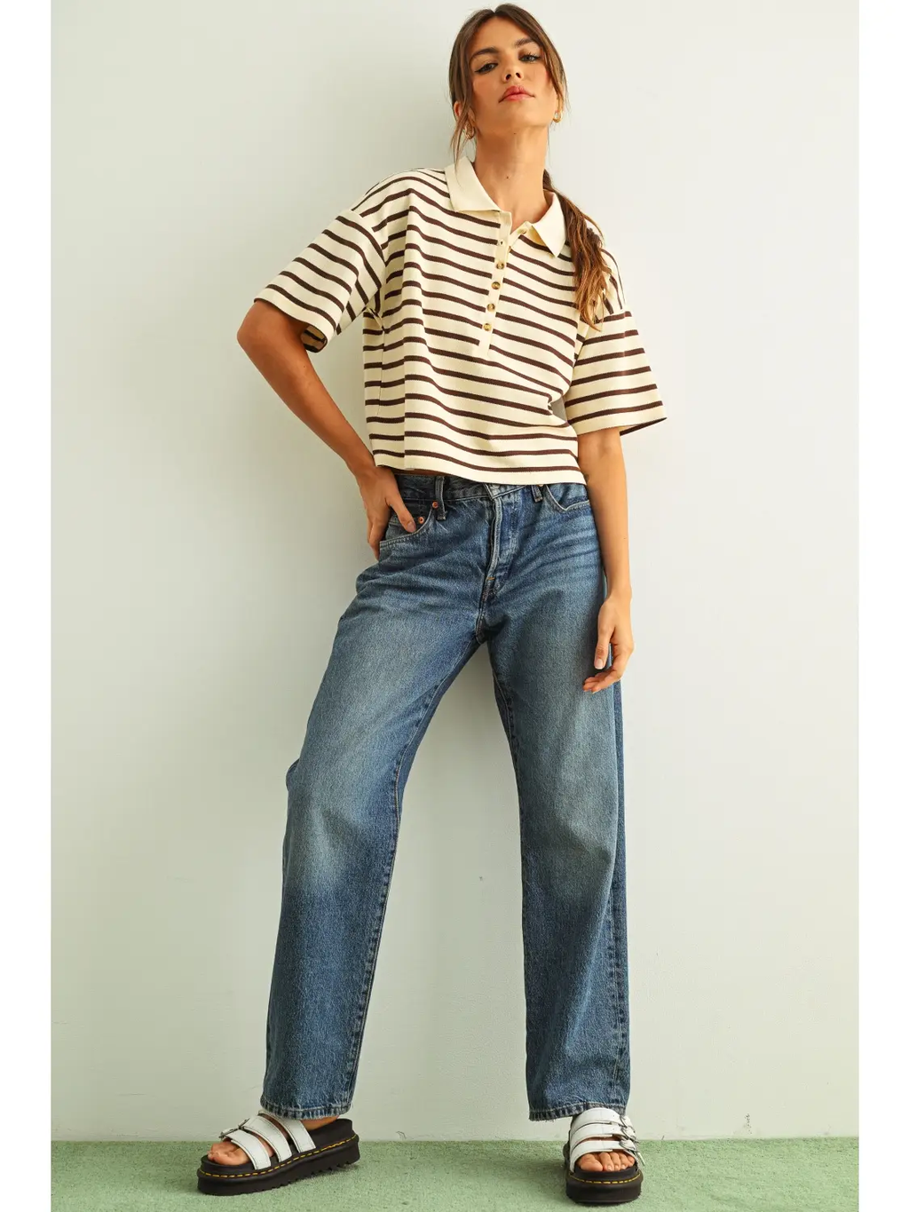 Stripe Pattern Short Sleeve Polo Shirts - CREAM & BROWN