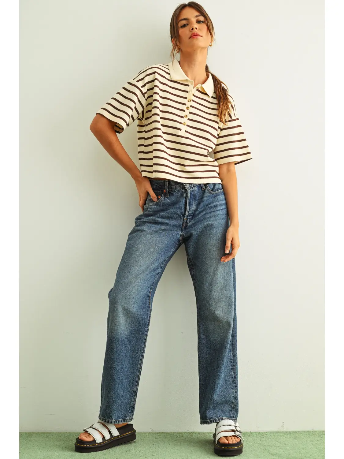 Stripe Pattern Short Sleeve Polo Shirts - CREAM & BROWN