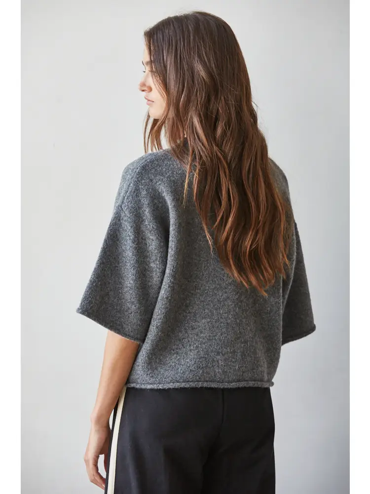 Knit Sweater Quarter Sleeve Button Up Cardigan Top - CHARCOAL