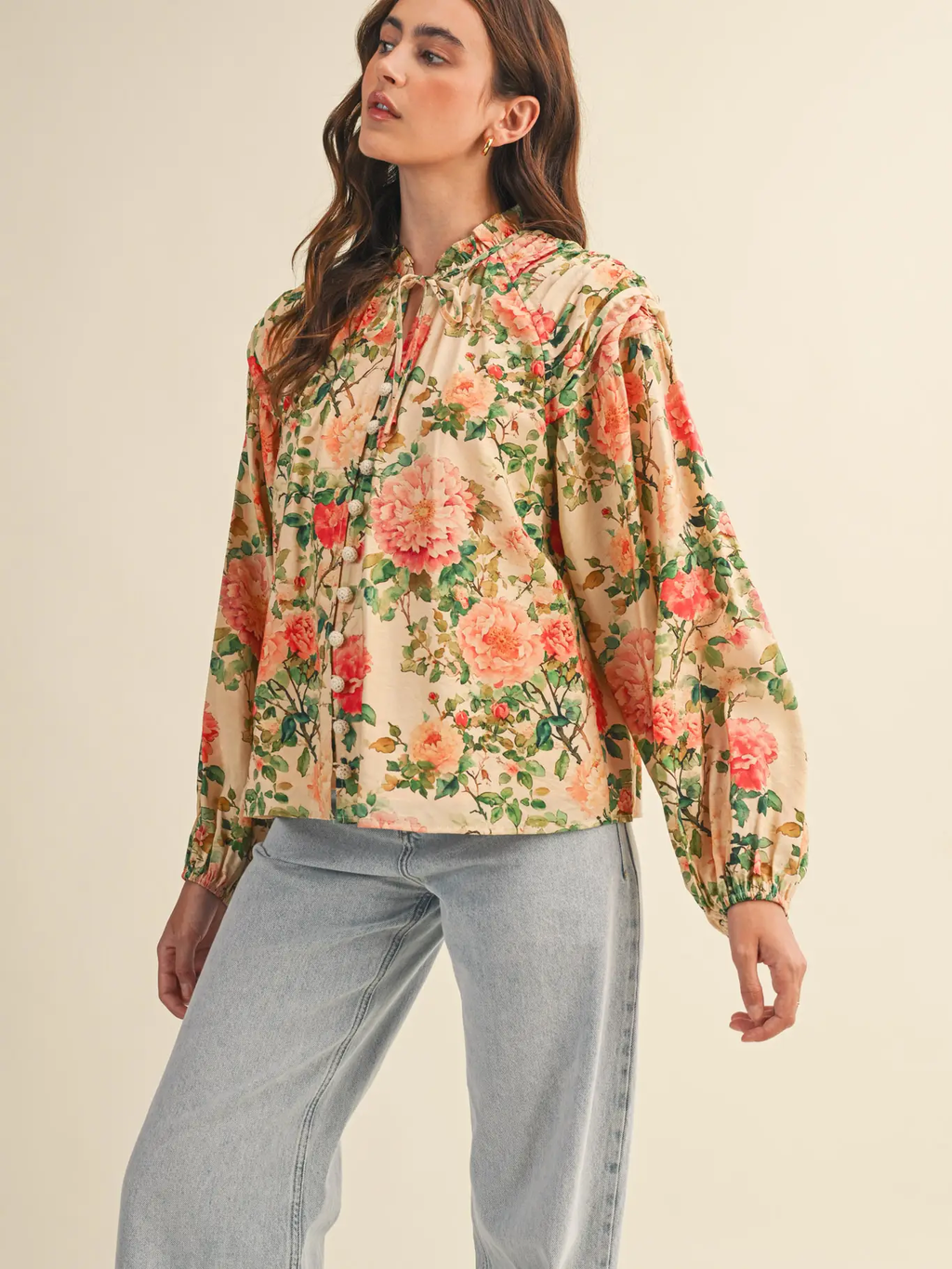 Floral Ruched Button Down Blouse - PEACH