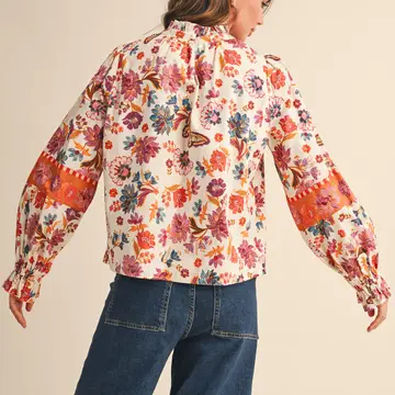 Exclusive Floral Border Print Top with Floral Trim - IVORY MULTI