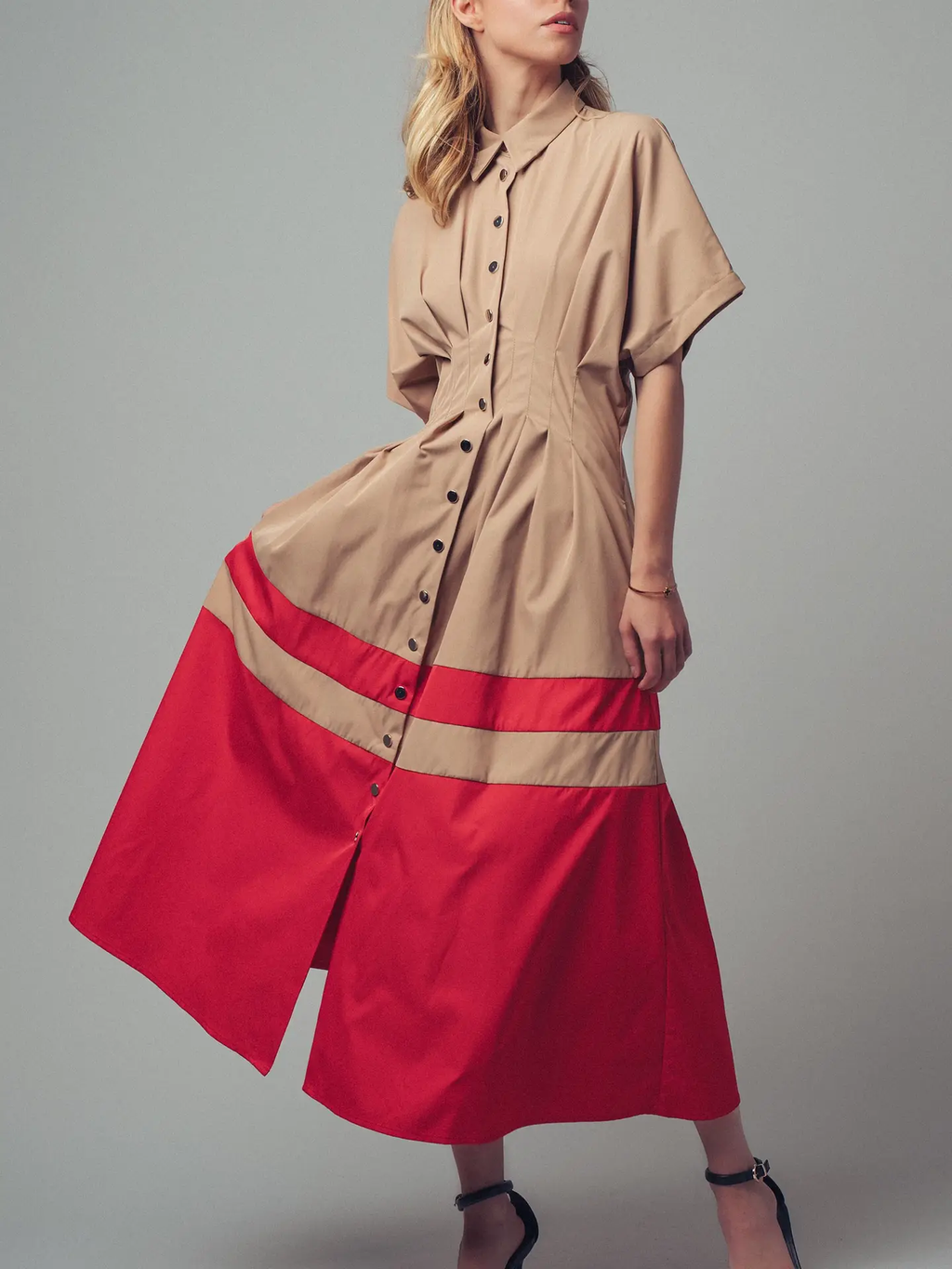Colorblock Button-Up Cotton Midi Dress - CAMEL