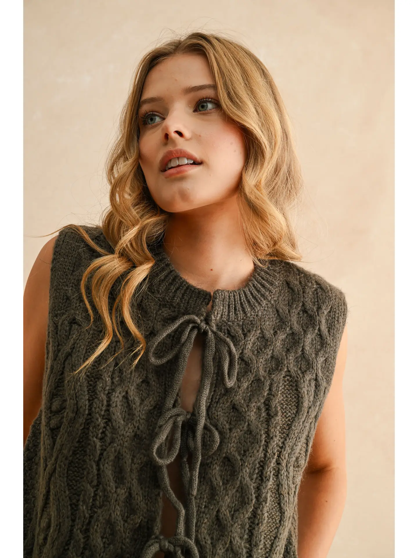 Tie Front Cable Knitted Vest - Olive