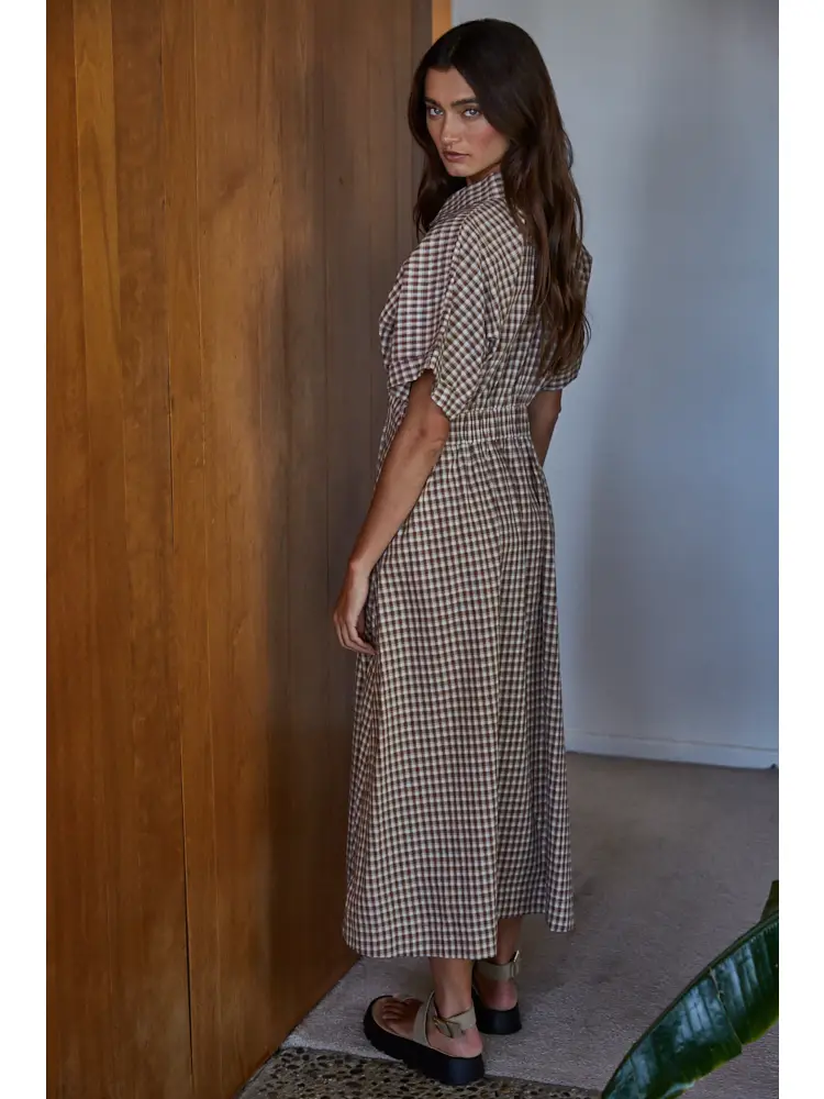 Woven Cotton Gingham Print Button Down Flare Maxi