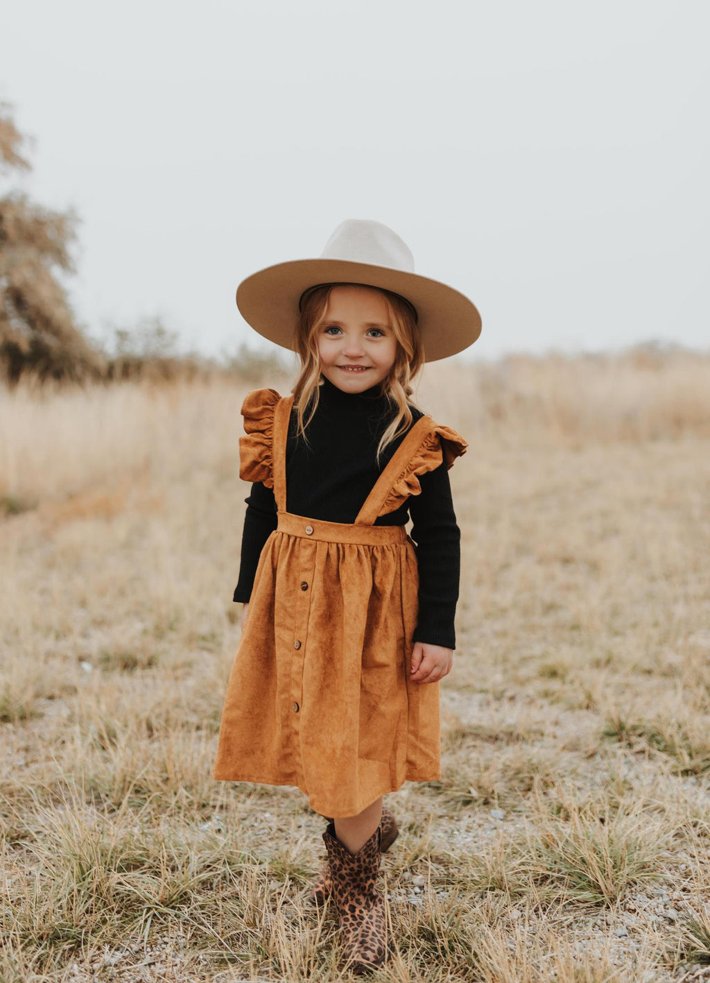 GIRLS KHAKI RUFFLE SUSPENDER DRESS
