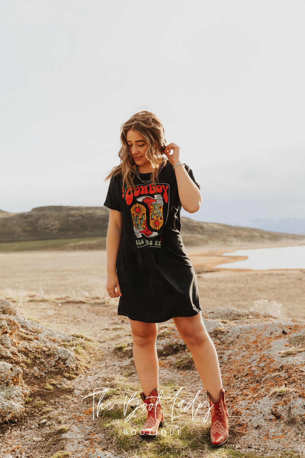 COWBOY BOOTS TAKE ME AWAY GRAPHIC DRESS - MINERAL BLACK