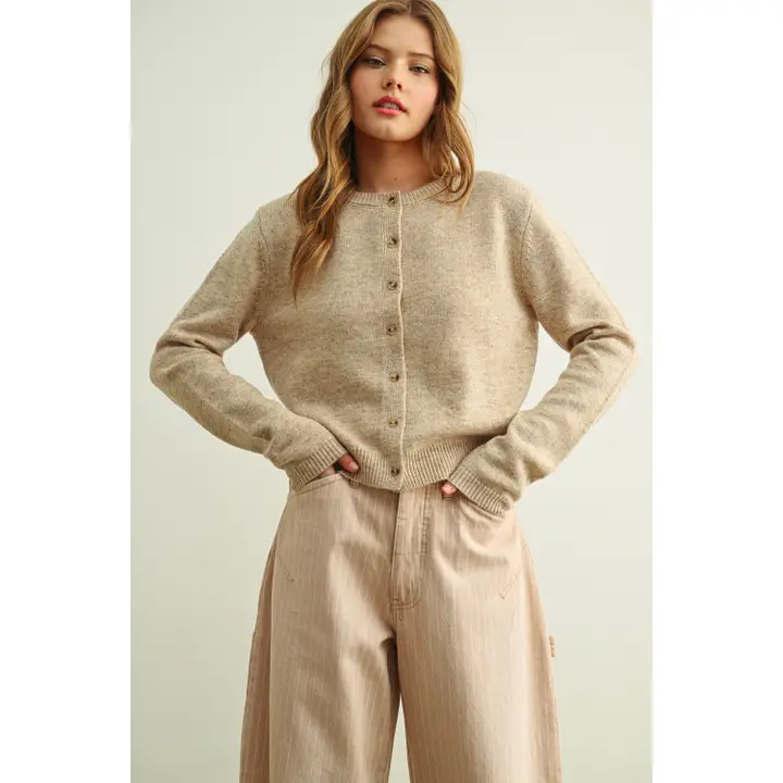 Simple Button Front Round Neck Sweater Cardigan - BEIGE