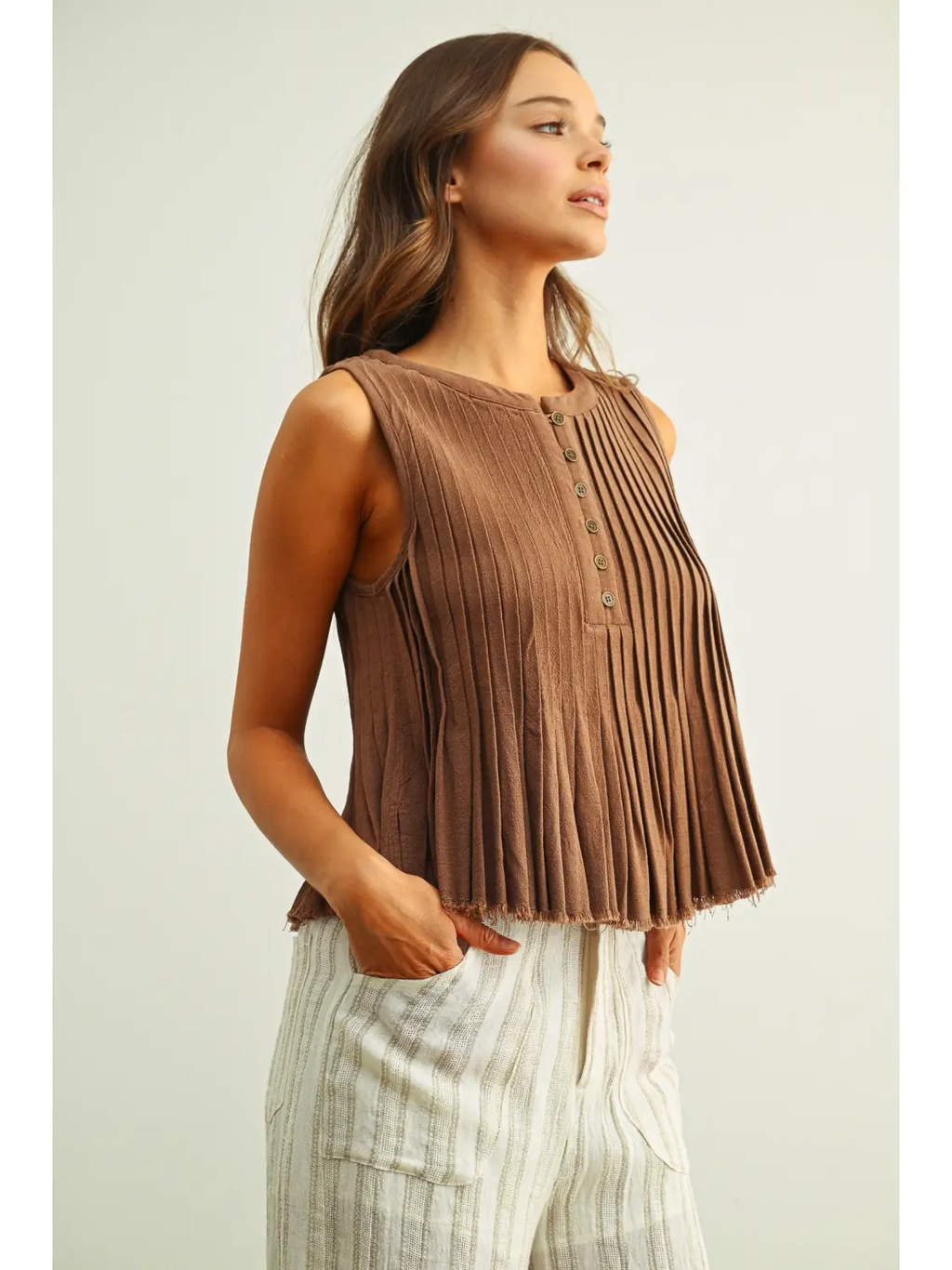 All Pleated Button Front Sleeveless Top